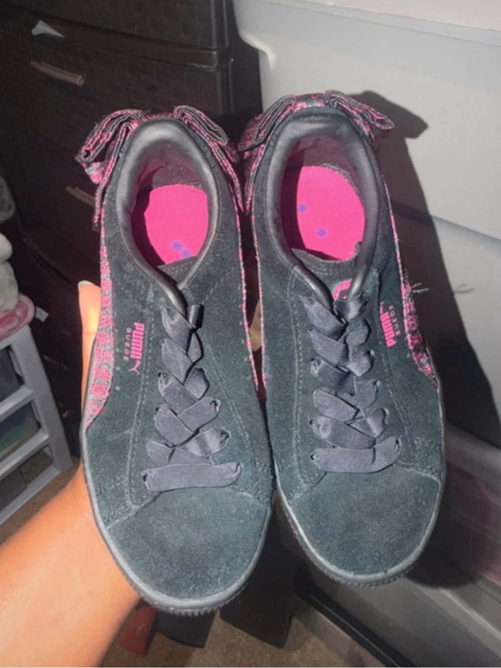 PUMA Kids Black Suede Sneakers with Pink Accents - Picture 1 of 3